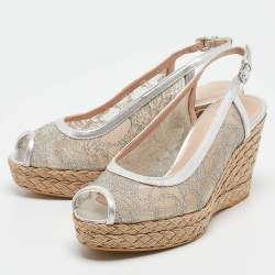 Stuart Weitzman Silver Lace and Leather Wedge Sandals Size 38