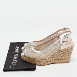 Stuart Weitzman Silver Lace and Leather Wedge Sandals Size 38