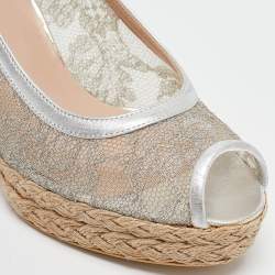 Stuart Weitzman Silver Lace and Leather Wedge Sandals Size 38