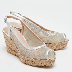 Stuart Weitzman Silver Lace and Leather Wedge Sandals Size 38