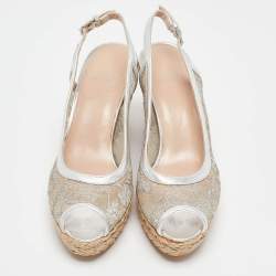 Stuart Weitzman Silver Lace and Leather Wedge Sandals Size 38