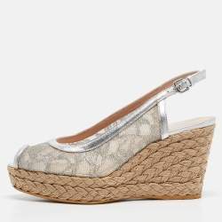 Stuart Weitzman Silver Lace and Leather Wedge Sandals Size 38