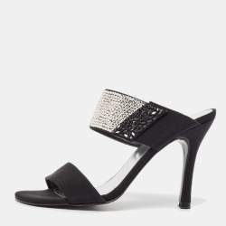 Stuart Weitzman Black Fabric Crystal Embellished Slide Sandals Size 36