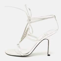 Stuart Weitzman Silver Leather Crystal Embellished Ankle Strap Sandals Size 35.5