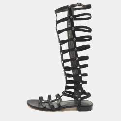 Stuart Weitzman Black Leather Aphrodite Gladiator Flat Sandals Size 38.5 