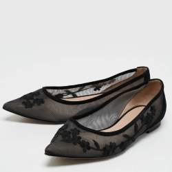 Stuart Weitzman Black Embroidered Mesh and Suede Pointed Toe Ballet Flats Size 39.5
