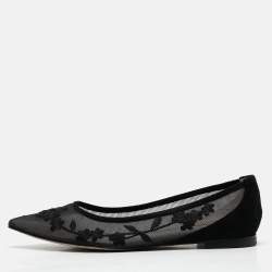Stuart Weitzman Black Embroidered Mesh and Suede Pointed Toe Ballet Flats Size 39.5