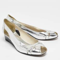 Stuart Weitzman Silver Leather Wedge Peep Toe Pumps Size 39
