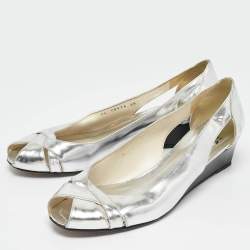 Stuart Weitzman Silver Leather Wedge Peep Toe Pumps Size 39