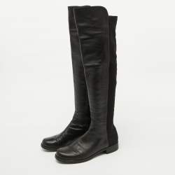 Stuart Weitzman Black Leather and Fabric Knee Length Boots Size 37.5