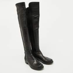 Stuart Weitzman Black Leather and Fabric Knee Length Boots Size 37.5
