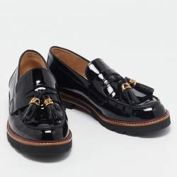 Stuart Weitzman Black Patent Leather Tassels Detailed Loafers Size 37