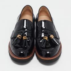 Stuart Weitzman Black Patent Leather Tassels Detailed Loafers Size 37