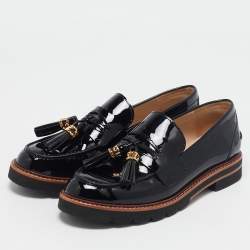 Stuart Weitzman Black Patent Leather Tassels Detailed Loafers Size 37