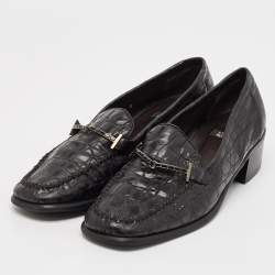 Stuart Weitzman Black Croc Embossed Leather Slip On Loafers Size 37.5