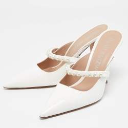 Stuart Weitzman White Patent Leather Goldie Pointed Toe Mules Size 40