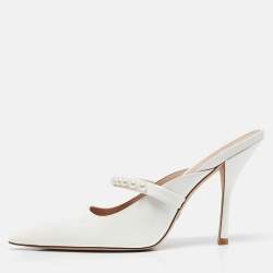 Stuart Weitzman White Patent Leather Goldie Pointed Toe Mules Size 40