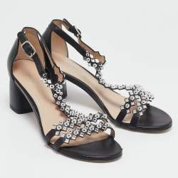 Stuart Weitzman Black Leather Studded T-Strap Sandals Size 39