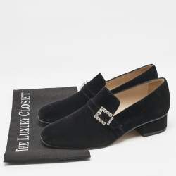 Stuart Weitzman Black Velvet Crystal Buckle Embellished  Loafers Size 37