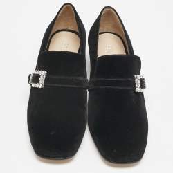 Stuart Weitzman Black Velvet Crystal Buckle Embellished  Loafers Size 37