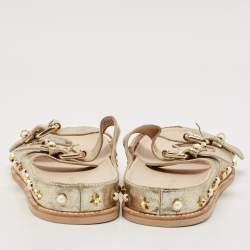 Stuart Weitzman Gold Texture Leather Embellished Slides Size 41