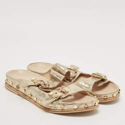 Stuart Weitzman Gold Texture Leather Embellished Slides Size 41