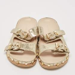Stuart Weitzman Gold Texture Leather Embellished Slides Size 41