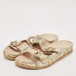 Stuart Weitzman Gold Texture Leather Embellished Slides Size 41
