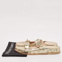 Stuart Weitzman Gold Texture Leather Embellished Slides Size 41