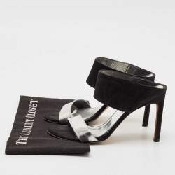 Stuart Weitzman Black/Silver Suede and  Leather Slide Sandals Size 37.5