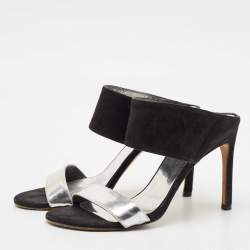 Stuart Weitzman Black/Silver Suede and  Leather Slide Sandals Size 37.5