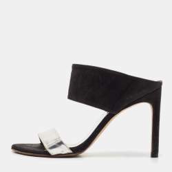 Stuart Weitzman Black/Silver Suede and  Leather Slide Sandals Size 37.5