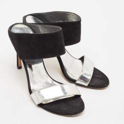 Stuart Weitzman Black/Silver Suede and  Leather Slide Sandals Size 37.5