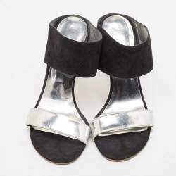 Stuart Weitzman Black/Silver Suede and  Leather Slide Sandals Size 37.5