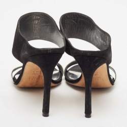 Stuart Weitzman Black/Silver Suede and  Leather Slide Sandals Size 37.5