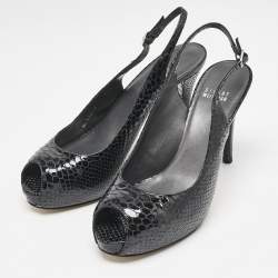 Stuart Weitzman Black Python Embossed Leather Peep Toe Slingback Pumps Size 39.5