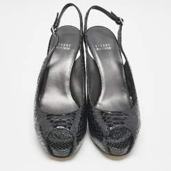 Stuart Weitzman Black Python Embossed Leather Peep Toe Slingback Pumps Size 39.5