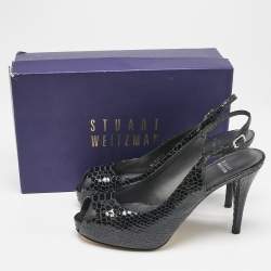 Stuart Weitzman Black Python Embossed Leather Peep Toe Slingback Pumps Size 39.5