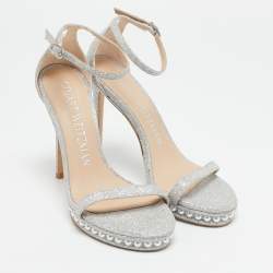 Stuart Weitzman Silver Glitter Nudist Ankle Strap Sandals Size 37.5