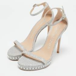 Stuart Weitzman Silver Glitter Nudist Ankle Strap Sandals Size 37.5