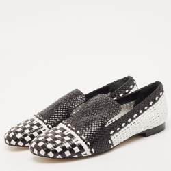 Stuart Weitzman Black/White Woven Leather Riviera Smoking Slippers Size 34.5