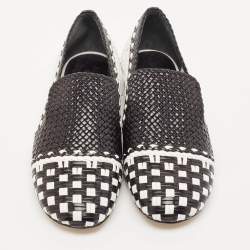 Stuart Weitzman Black/White Woven Leather Riviera Smoking Slippers Size 34.5