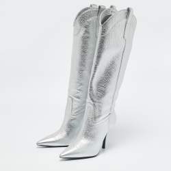 Stuart Weitzman Silver Leather Outwest Boots Size 38