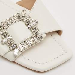 Stuart Weitzman White Leather Crystal Embellished Slide Sandals Size 37