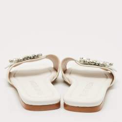 Stuart Weitzman White Leather Crystal Embellished Slide Sandals Size 37