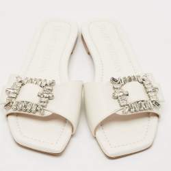 Stuart Weitzman White Leather Crystal Embellished Slide Sandals Size 37