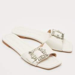 Stuart Weitzman White Leather Crystal Embellished Slide Sandals Size 37