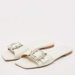 Stuart Weitzman White Leather Crystal Embellished Slide Sandals Size 37