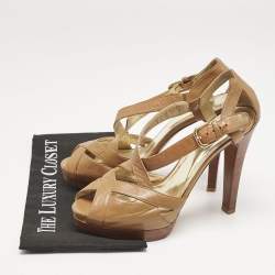 Pre Owned Stuart Weitzman Brown Leather Ankle Strap Peep Toe Sandals Size 39.5