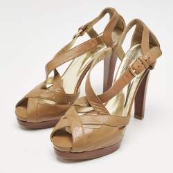 Pre Owned Stuart Weitzman Brown Leather Ankle Strap Peep Toe Sandals Size 39.5